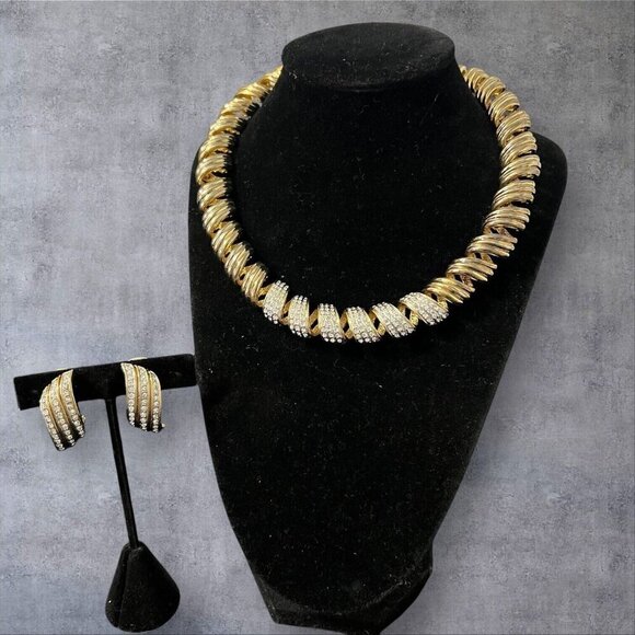 Gold Tone With Crystal Rhinestones Necklace and Clip On Earrings Set